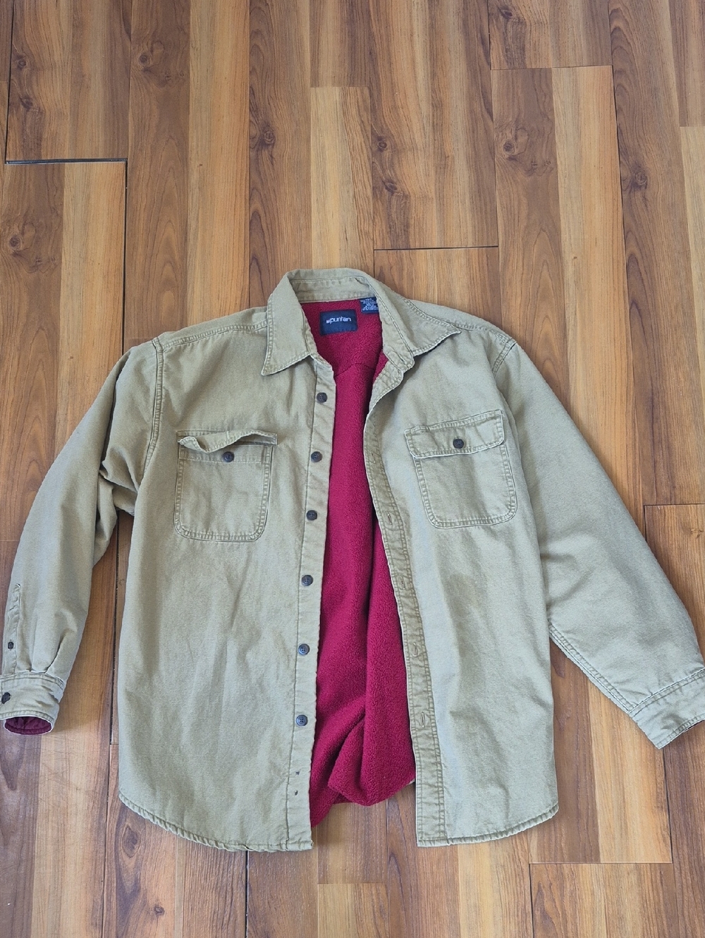 Puritan Olive Green Shirt Jacket with Red Fleece Lining